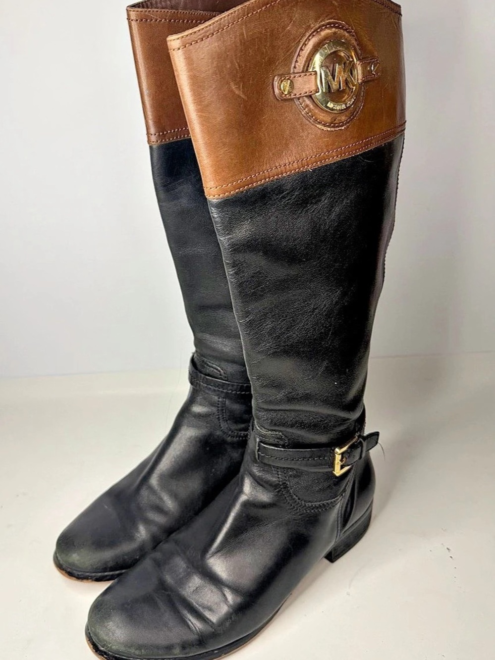 Michael Kors MK Logo Boots Logo Knee-High Heeled Boots in Black & Brown